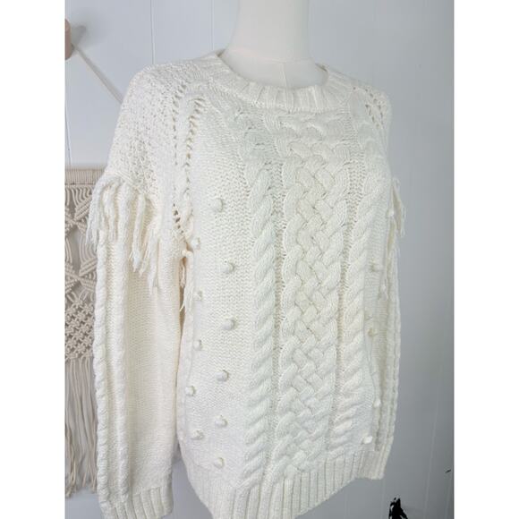 Cupcakes & Cashmere Angie Sweater Size Large White Ivory Fringe Pom Detail - Picture 7 of 12